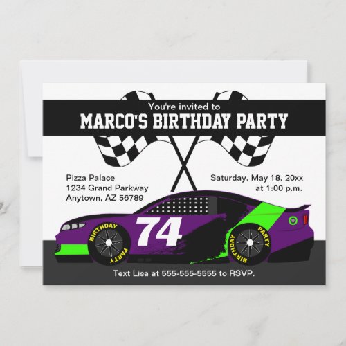 Purple Black Green White Race Car Birthday Party Card