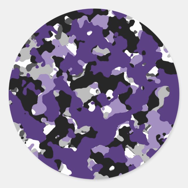 Purple Black Grey Camouflage Camo Print Party Classic Round Sticker (Front)
