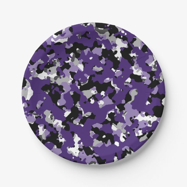 Purple Black Grey Camouflage Camo Print Party Paper Plates (Front)