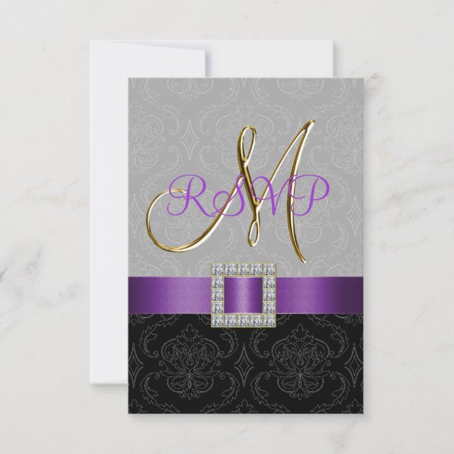 Purple Black Grey Damask Gold Initial Wedding RSVP (Front)