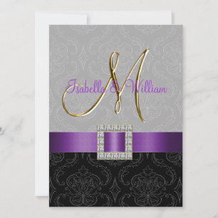 Purple Black Grey Damask Initial Wedding Invite