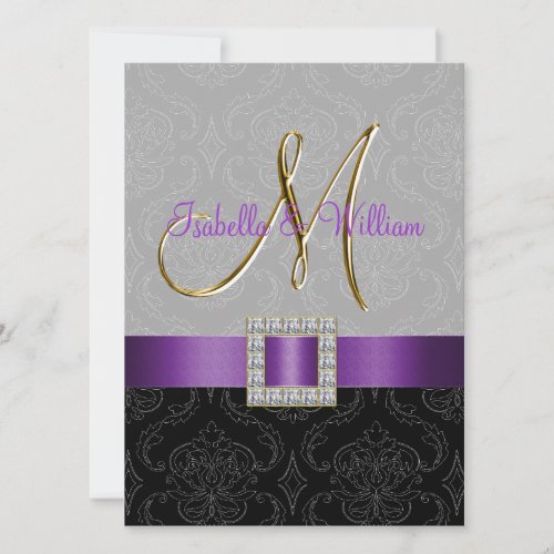 Purple Black Grey Damask Initial Wedding Invite