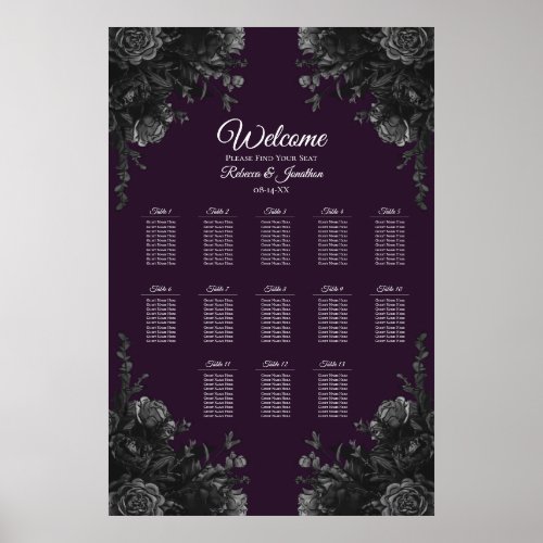 Purple Black Grey Gothic Wedding Seating Chart