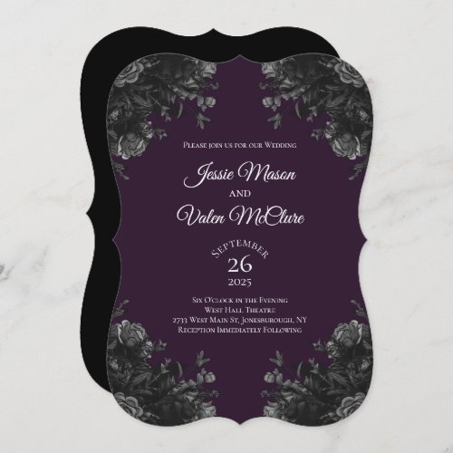 Purple Black Grey Roses Gothic Elegant Wedding Invitation