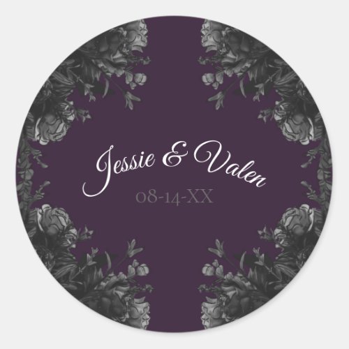 Purple Black Grey Roses Gothic Wedding Classic Round Sticker