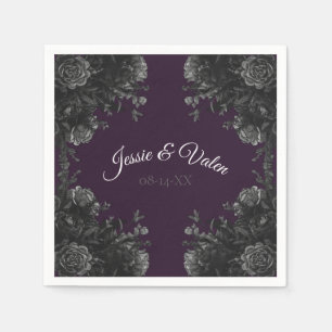 Purple Black Grey Roses Gothic Wedding Napkins