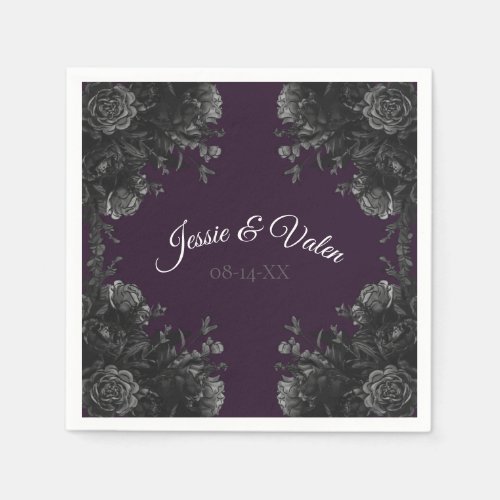 Purple Black Grey Roses Gothic Wedding Napkins