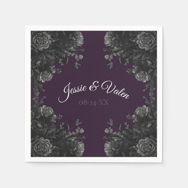 Purple Black Grey Roses Gothic Wedding Napkins (Front)