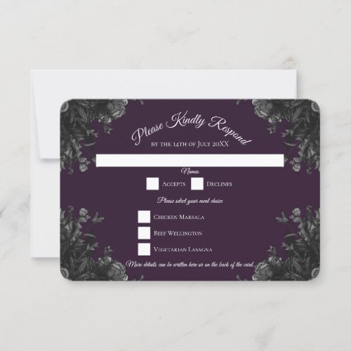 Purple Black Grey Roses Gothic Wedding RSVP Reply Invitation