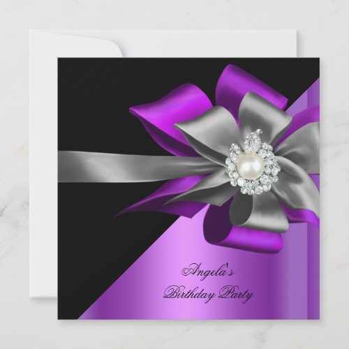 Purple Black Grey Silver Bow Pearl Birthday Party Invitation