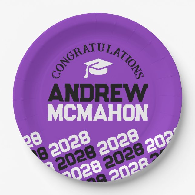 Purple & Black Half Repeat Grad Personalized Paper Plates (Front)