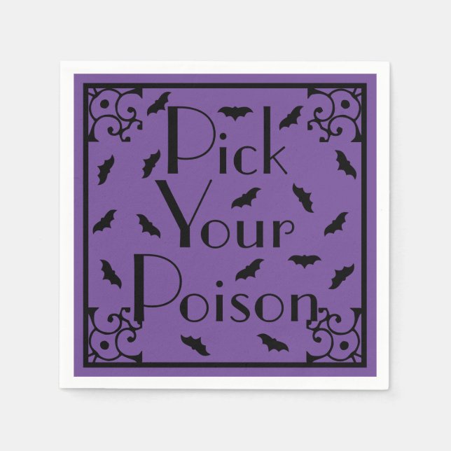 Purple & Black Halloween Bats Pick Your Poison Napkins (Front)
