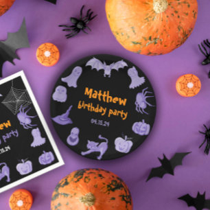 Purple black Halloween birthday party Paper Plate
