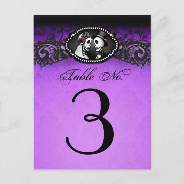 Purple & Black Halloween Skeletons Table Number (Front)