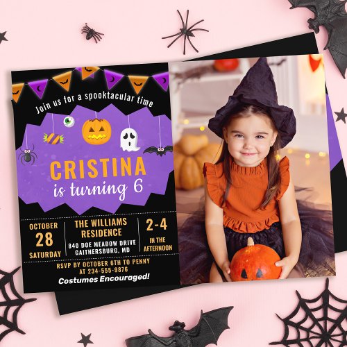 Purple Black Halloween Spooktacular Birthday Photo Invitation