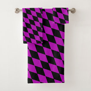 Purple Black Harlequin Diamonds Checkers Design Bath Towel Set