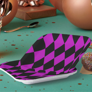 Purple Black Harlequin Diamonds Checkers Design Paper Plates