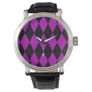 Purple Black Harlequin Diamonds Checkers Design Watch