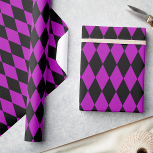 Purple Black Harlequin Diamonds Checkers Design Wrapping Paper