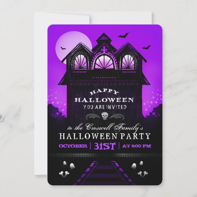 Purple Black Haunted House Halloween Party Invite (Front)
