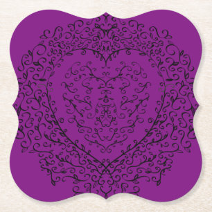 Purple Black Heart Swirls Gothic Wedding Paper Coaster