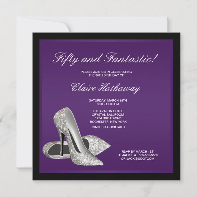 Purple Black High Heels Womans 50th Birthday Invitation (Front)