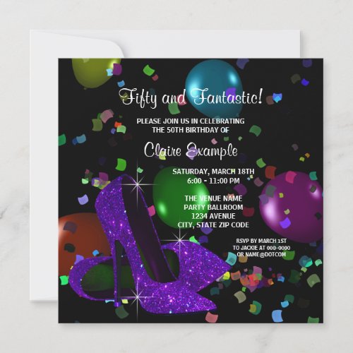 Purple Black High Heels Womans Birthday Party Personalized Announcements