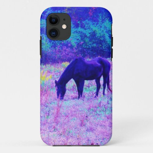 Purple Black Horse in Rainbow field iPhone 11 Case