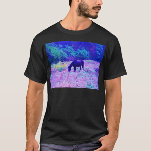 Purple Black Horse in Rainbow field T_Shirt