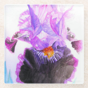 Purple Black Iris Watercolor Flower Floral Glass Coaster