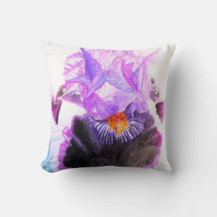 Purple Black Iris Watercolor Flower Floral Throw Pillow
