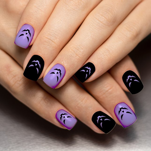 Purple & Black Jack O Lantern Pumpkin Halloween Minx Nail Art (purple and black spooky jack o lantern face Halloween minx nail art)