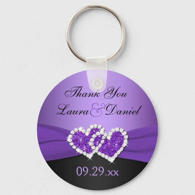 Purple, Black Joined Hearts Wedding Favor Keychain (Front)