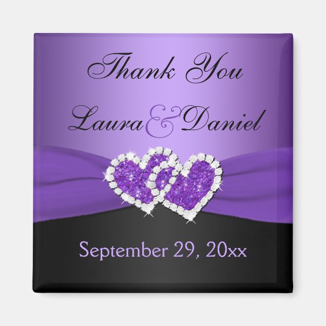 Purple, Black Joined Hearts Wedding Favor Magnet (Front)