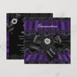 Purple Black Lace & Bow Quinceanera Party Invite