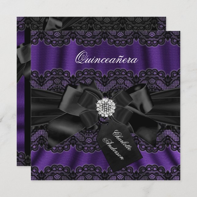 Purple Black Lace & Bow Quinceanera Party Invite (Front/Back)