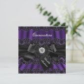 Purple Black Lace & Bow Quinceanera Party Invite (Standing Front)