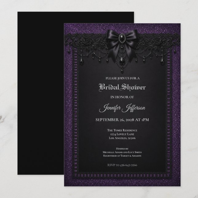 Purple Black Lace Gothic Bridal Shower invitation (Front/Back)