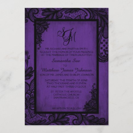 Purple Black Lace Gothic Wedding Invitation Card