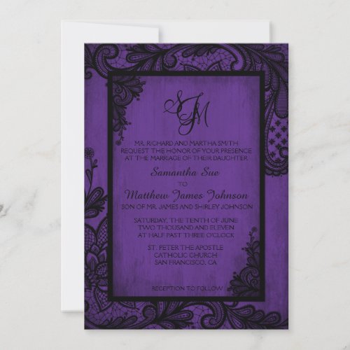 Purple Black Lace Gothic Wedding Invitation Card