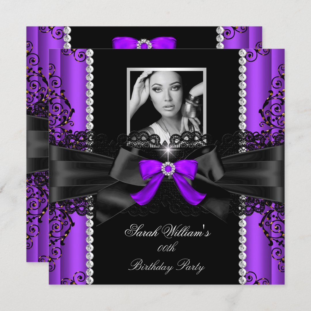 Purple Black Lace Photo Birthday Party Invitation | Zazzle