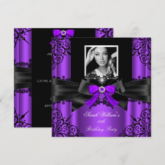 Purple Black Lace Photo Elegant Birthday Party 2 Invitation (Front/Back)