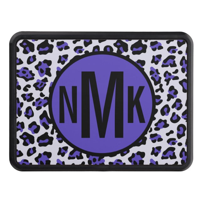 Purple Black Leopard Animal Print with Monogram Trailer Hitch Cover (Front)