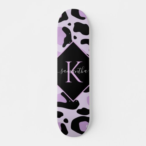 Purple Black Leopard Cheetah Spots Print Monogram Skateboard