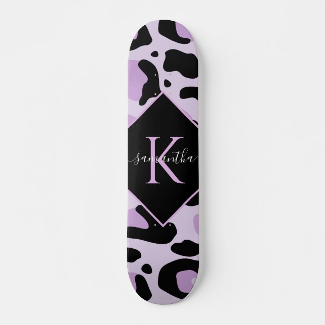 Purple Black Leopard Cheetah Spots Print Monogram Skateboard (Front)