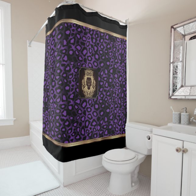 Purple & Black Leopard Pattern with a Lion Head  Shower Curtain (In Situ)