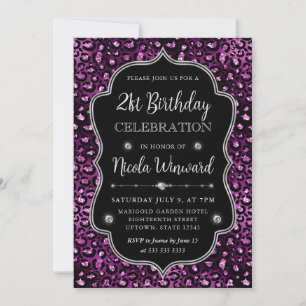Purple Black Leopard Spots Glitter Frame Birthday Invitation