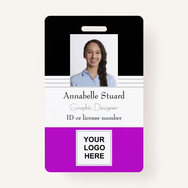 Purple Black Lined Name photo employee corporate Badge (Front)