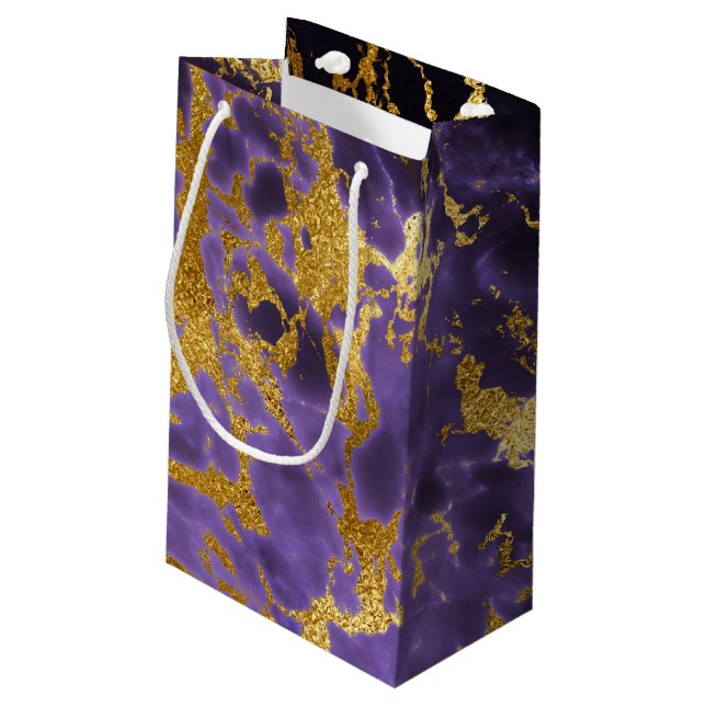 Purple Black Marble Faux Gold Glitter Pattern Small Gift Bag (Back Angled)