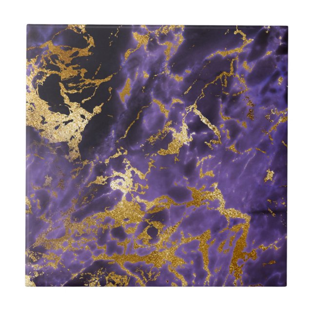 Purple Black Marble Faux Gold Glitter Pattern Tile (Front)